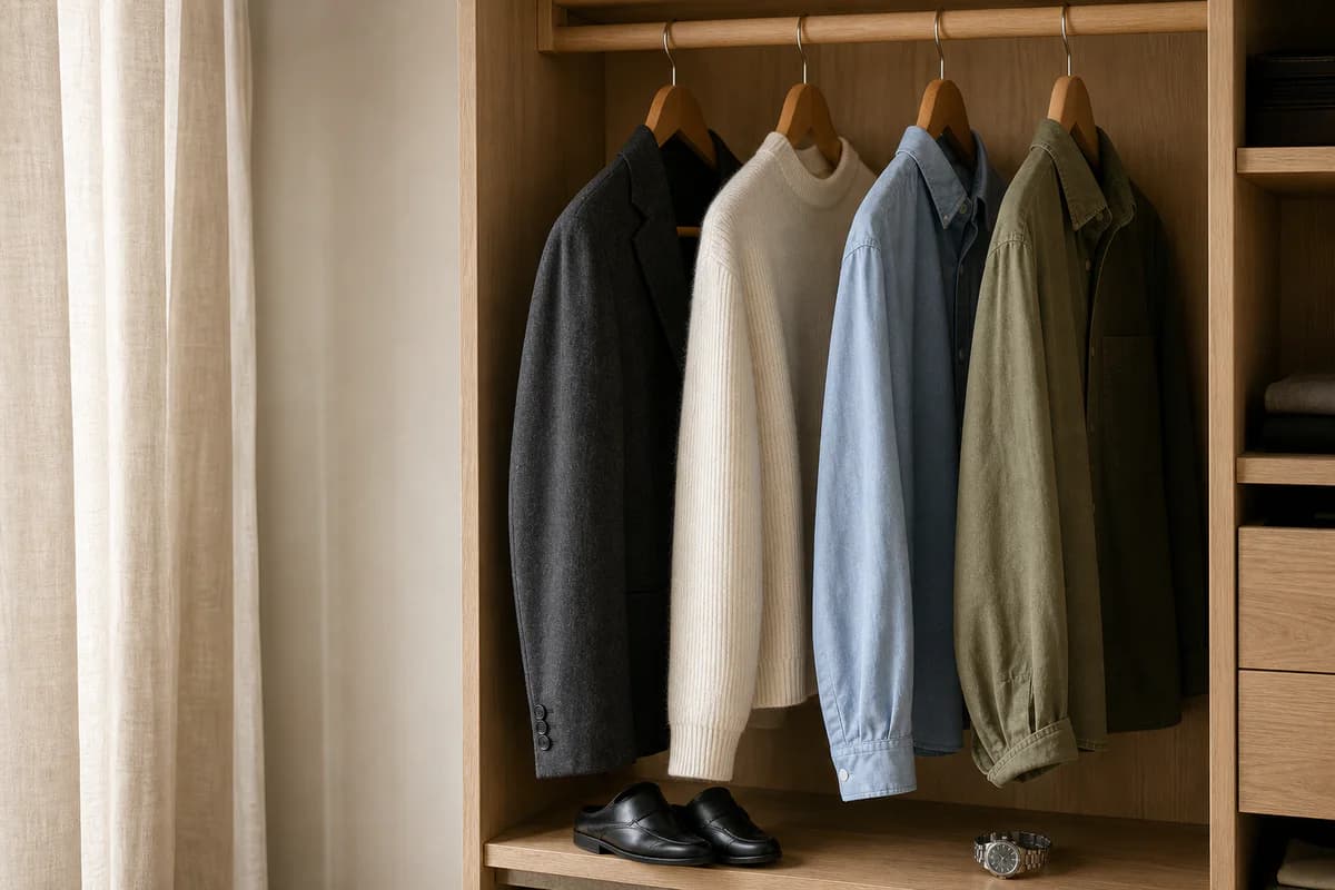 A tailored jacket, knit, shirts, loafers, and watch arranged in an open wardrobe