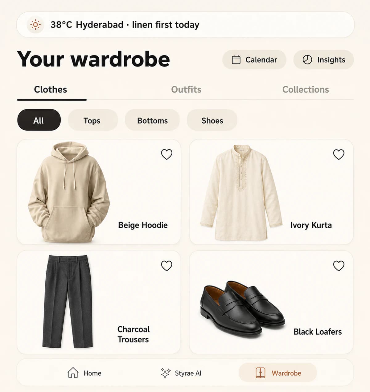 Digital wardrobe with a beige hoodie, ivory kurta, charcoal trousers, and black loafers